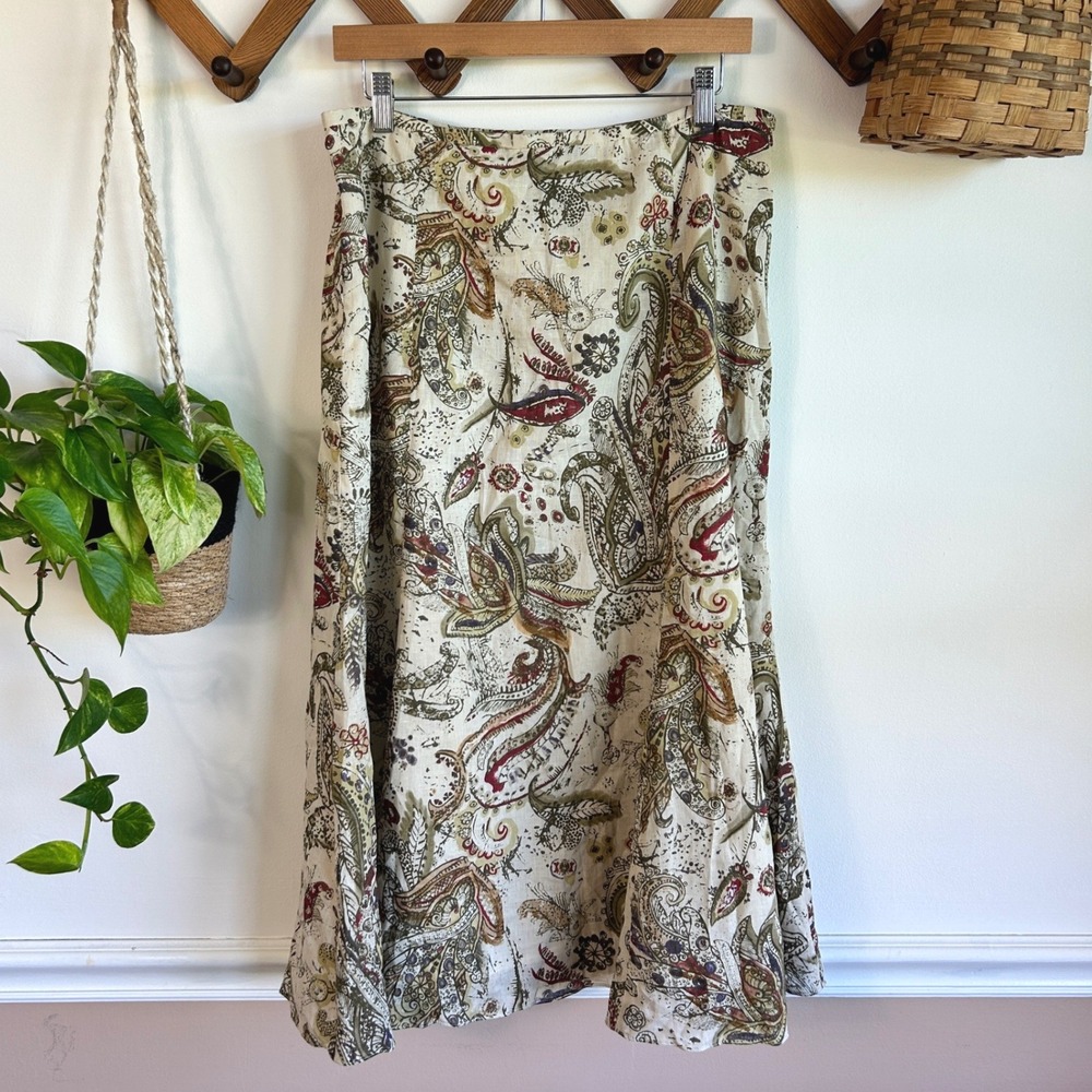 Vintage Jones Wear Paisley Linen Blend Midi Skirt Size 12 Green Burgundy Earthy
